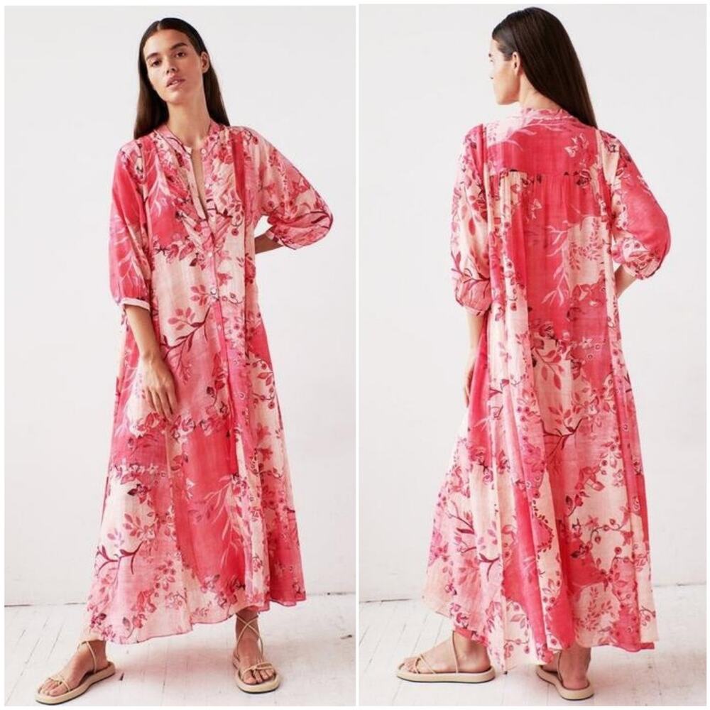 CHUFY $1120 Gia Floral Pink Chiffon Shirt Midi Maxi Dress | XS
